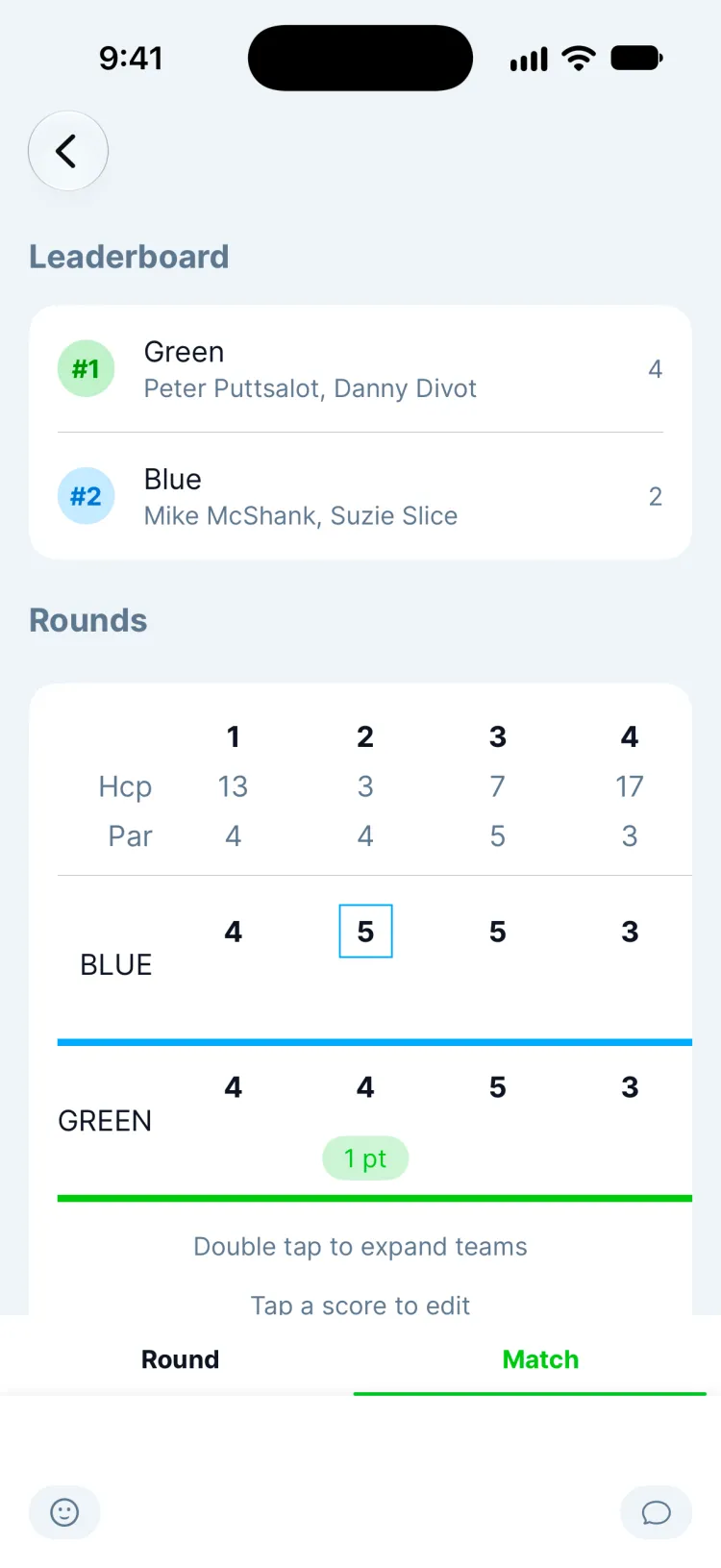A live match leaderboard and scorecard